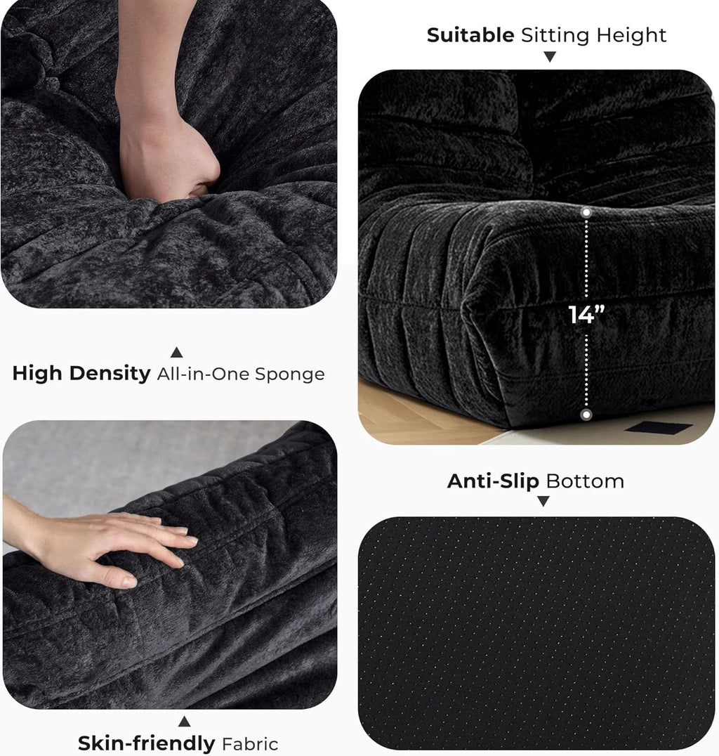 HABUTWAY Bean Bag Chair, Giant Bean Bag Chairs for Adults, Loveseat Fireside Chair, 2 Seater Lazy Bean Bag Sofa Memory Foam Couch for Living Room, Bedroom, Office (Black)