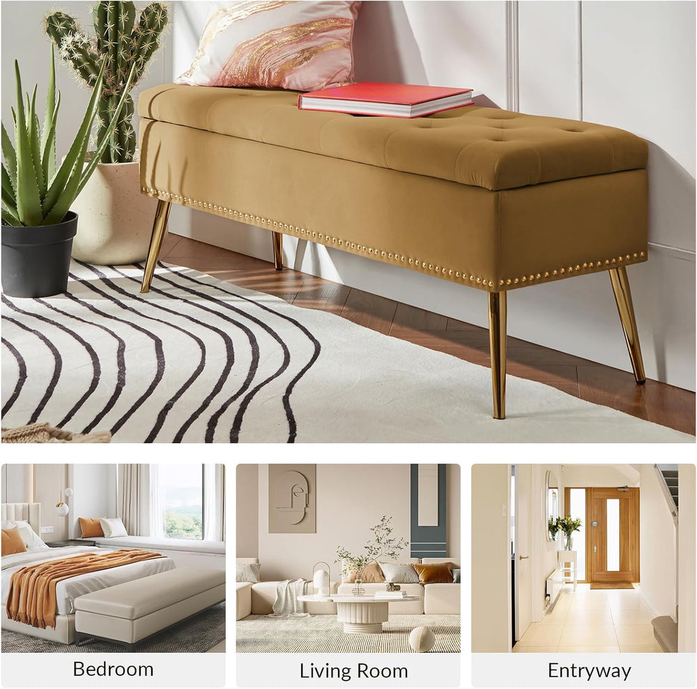 HULALA HOME Modern Velvet Storage Ottoman Bench with Gold Base & Nailhead...