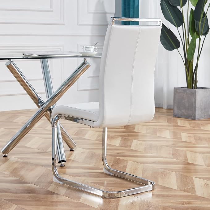 AZmac Modern Leather Dining Chairs Set of 6,Armless Kitchen Chairs,Dining Room Chairs with Upholstered Padded Seat and Sturdy Chrome Legs for Dining Room,Kitchen (Set of 6, White+PU Leather)