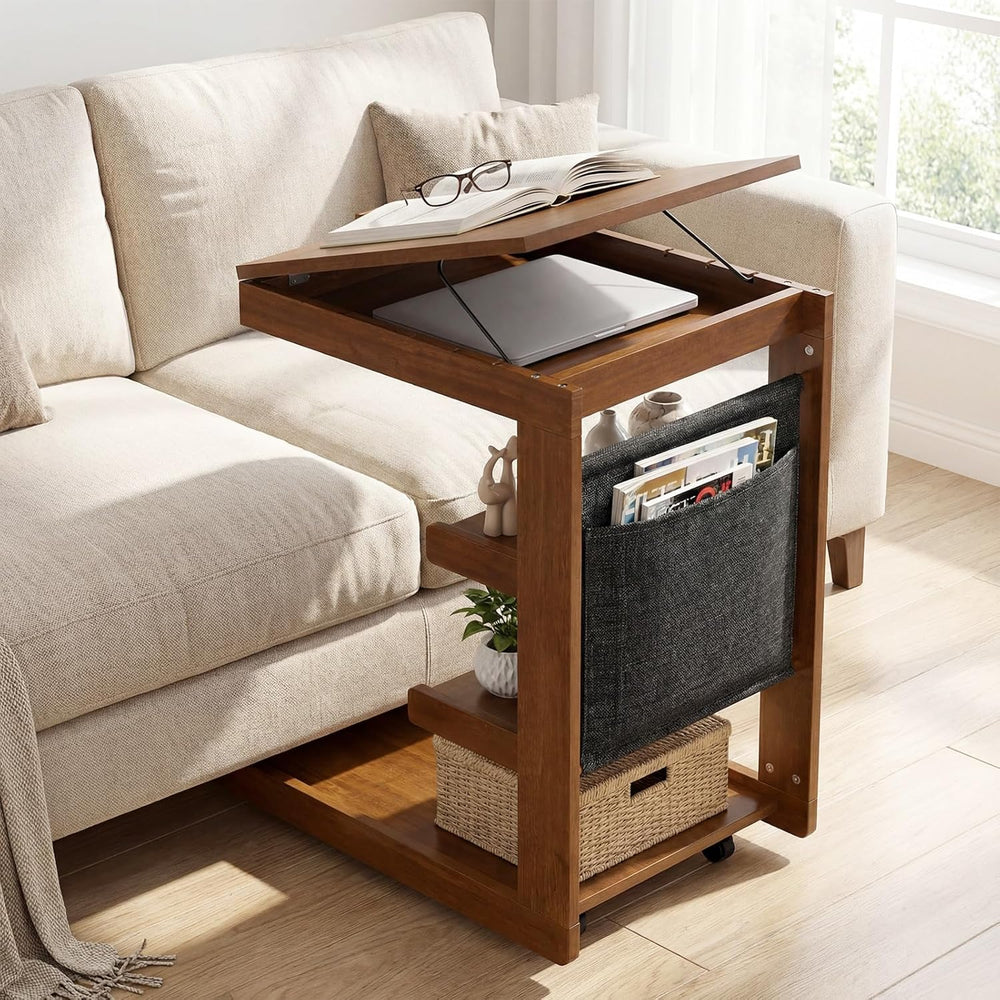 Giantex C-Shaped End Table with Wheels, Wooden Rolling Side Table w/Adjustabl...
