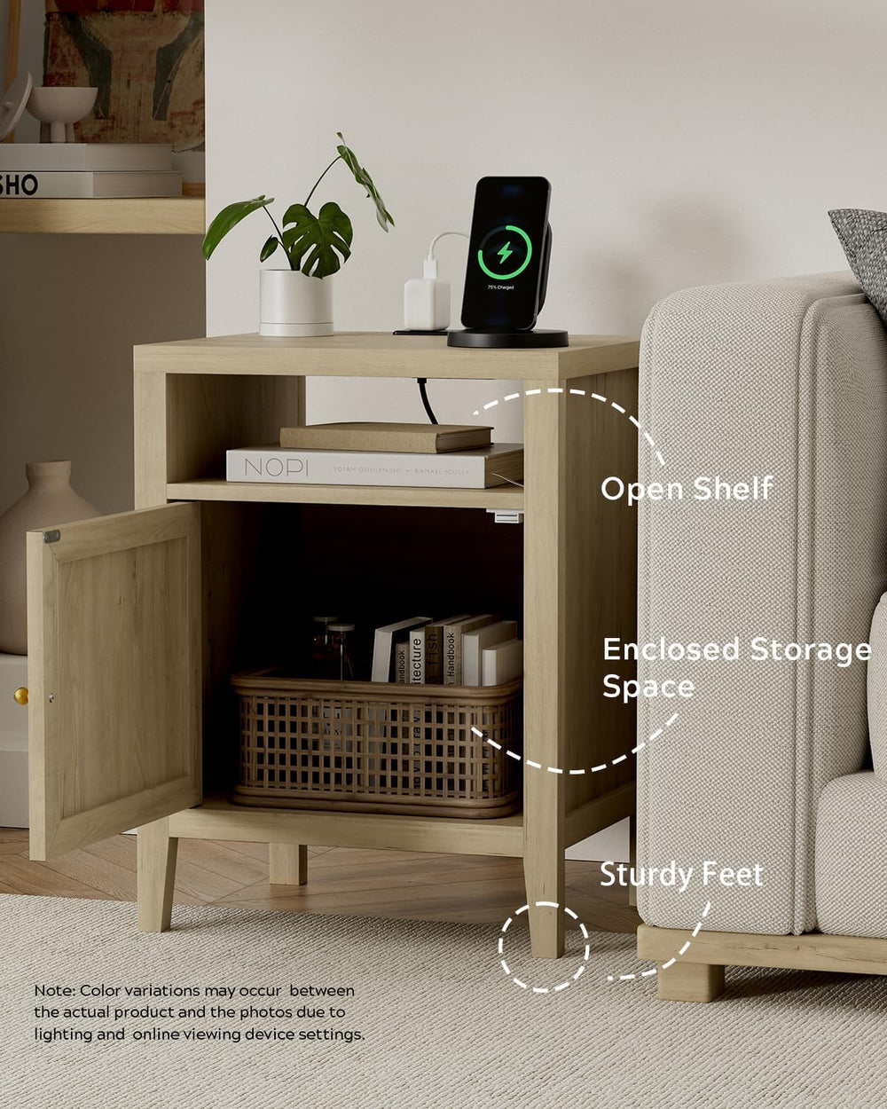 EYYTHUNG Farmhouse End Table with Charging Station Set of 2, Modern Nightstan...