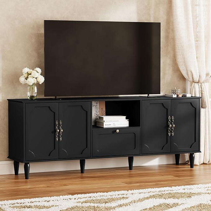 67” Mid-Century Modern TV Stand for 75+ inch TVs, Wood Entertainment Center with Storage Drawer, Long Media Console with Adjustable Shelves, Black TV Cabinet for Living Room, Bedroom