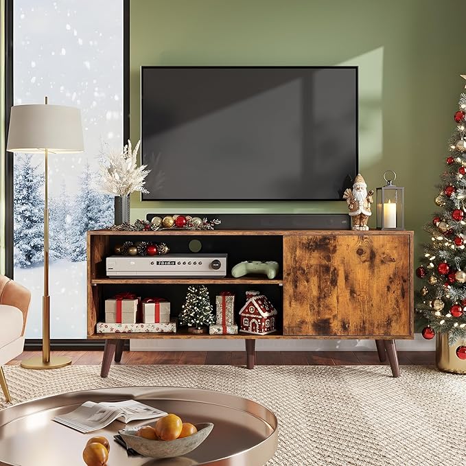 WLIVE TV Stand for 55 Inch TVs, Entertainment Center with Storage Cabinet, Mid-Century TV Stands for Living Room and Bedroom, 50" TV Console, Brown | with Storage Cabinet, Mid-Century, TV Stands, 50" TV Console