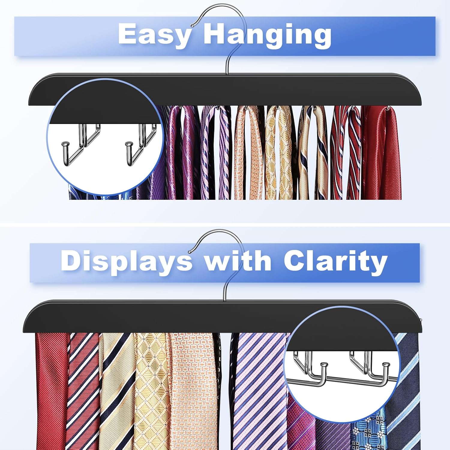 RESOVO Upgraded Tie Rack Hanger with 20 Foldable Metal Hooks, Space Saving Necktie Organizer for Men – Large Capacity Tie and Belt Wooden Hanger for Closet - Black