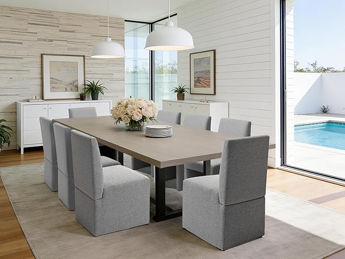 Grey Upholstered Dining Chairs Set of 6, Kitchen & Dining Room Chairs, Mid Century Modern Chairs, Linen Dining Chairs with Wooden Frame, Fabric