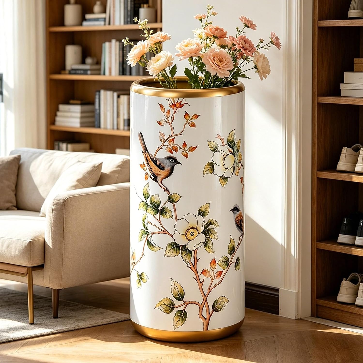 White, Ceramic Umbrella Stand, Household Entryway Umbrella Holder, Hand-Painted Patterns, Wide Mouth, Floor-Standing Ornamental Vase, Freestanding Walking Stick