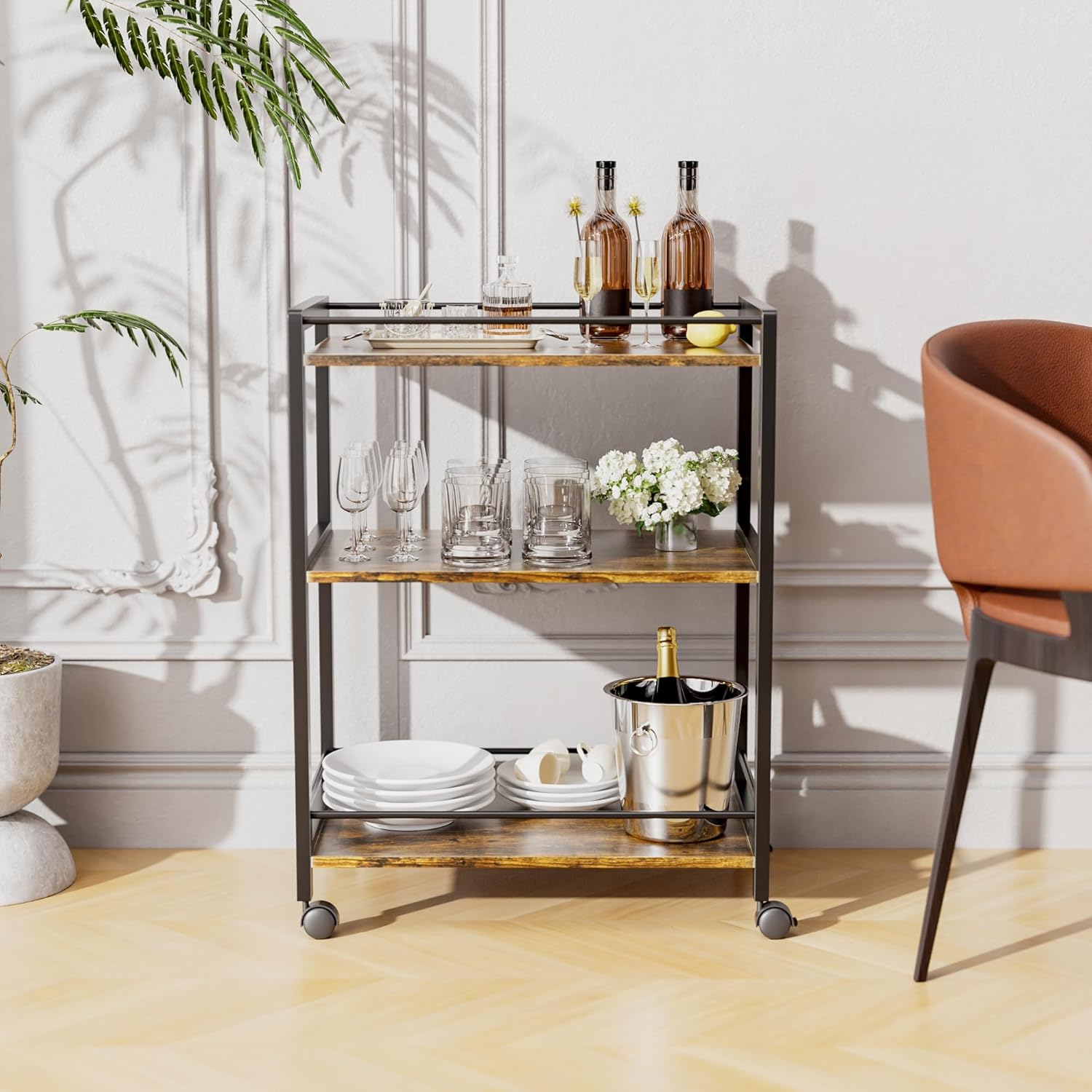 HITNET Bar Cart for The Home, Home Bar Serving Cart with Wheels and Storage Shelves, 3 Tier Rolling Liquor Beverage Cart for Kitchen Dining Living Room, Rustic Brown and Black