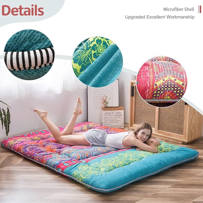 MAXYOYO Japanese Floor Mattress Futon Mattress, 4" Thicken Tatami Mat Sleeping Pad Foldable Roll Up Mat Boys Girls Dormitory Pad Kids Floor Lounger Pillow Bed, Charcoal Grey, Queen Size
