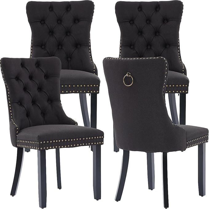 Modern Dining Chairs Set of 4, Tufted Upholstered Dining Chairs with Solid Wood Legs, Black Linen Fabric Kitchen Chair, Sillas de Comedor, Comfy Kitchen Chair (Black, Linen, 4Pcs)