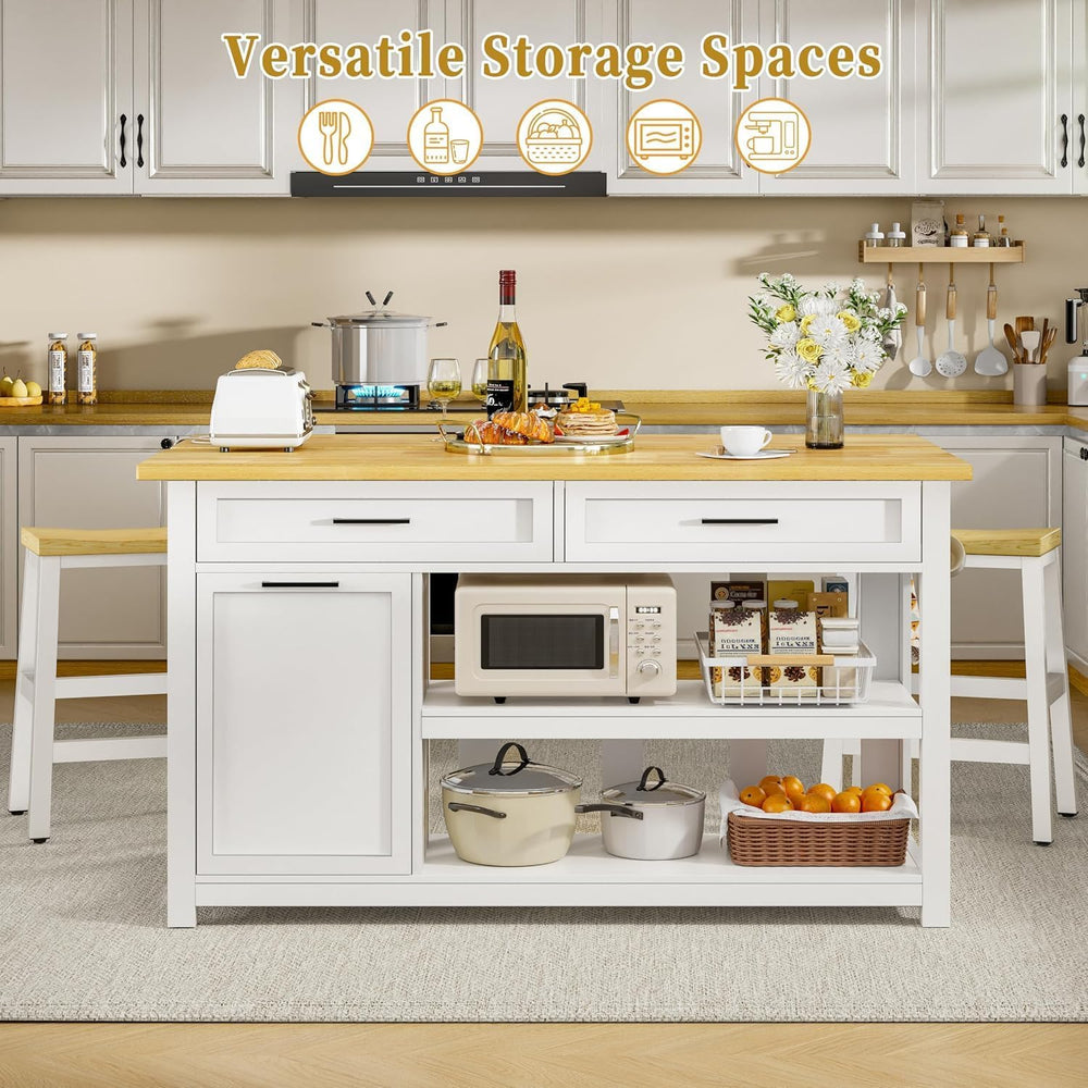 DynJest Kitchen Island with Storage and Seating Include 2 Bar Stools, White |...
