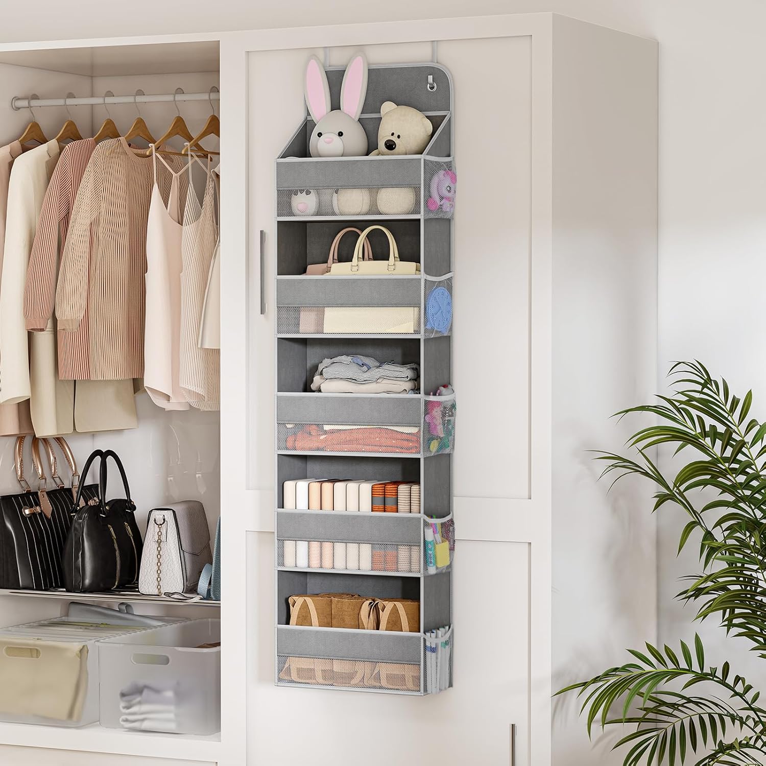 LAMU 5 Tier Over The Door Organizer Hanging, Swing - Proof Closet Behind Door Storage with 5 Large Pocket and 10 Side Pockets, Back of Door Organizers for Bedroom, Nursery and Bathroom (1 Pack, Grey)