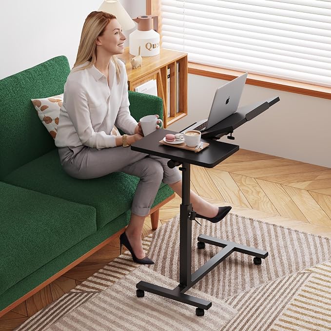 Over The Bed Table with Wheels Rolling Cart Tilting Sofa Laptop Stands Hospital Tray Medical Overbed Table (Black)