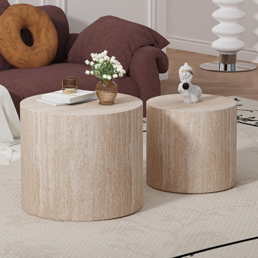 WXFKLDJ Round Nesting Coffee Table Set of 2, Wood Side Table, Travertine | Mo...