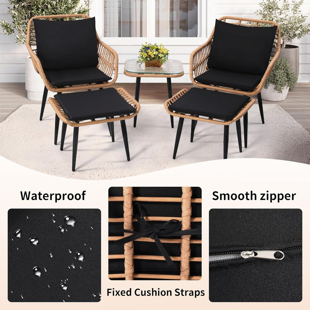 KROFEM 5 Piece Wicker Bistro Patio Conversation Furniture Set, Natural