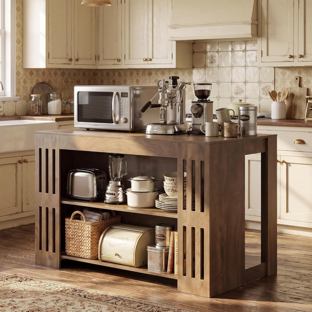 Tribesigns 55" Kitchen Island with Seating and Storage, Farmhouse Stationary Center Island Table with Spacious Worktop, 2-Tier Counter Height Table with Shelves for Dining Room, Kitchen, Brown
