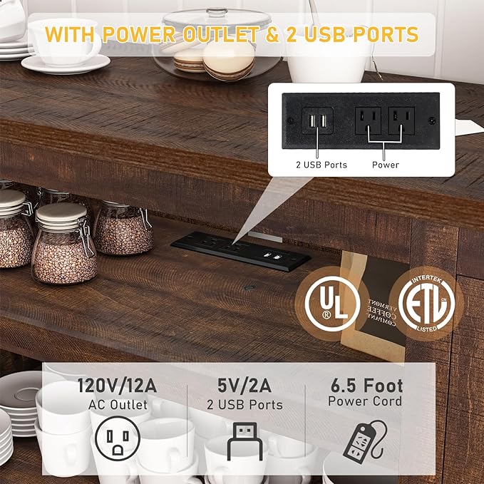 66" Farmhouse TV Stand with Power Outlets for 75 Inch TVs, 33" Tall Entertainment Center with Storage Cabinets w/Adjustable Shelves, Rustic Large TV Media Console for Living Room, Brown