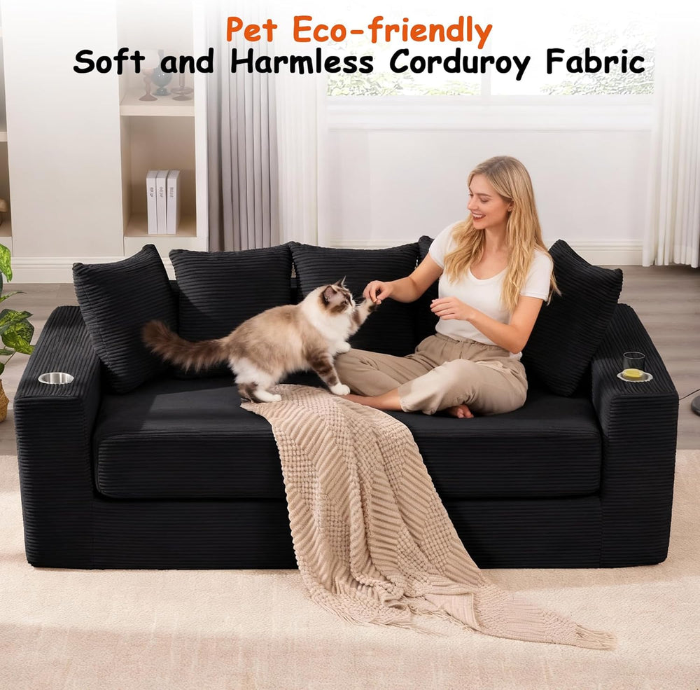 76" Convertible Sofa Bed, Corduroy Couch with Cup Holders & Pocket |...