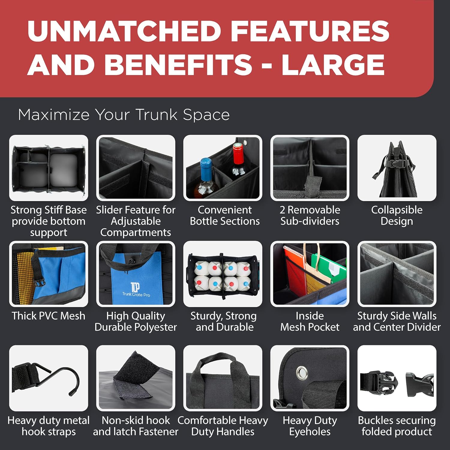 TRUNKCRATEPRO Car Trunk Organizers | Trunk Organizer, Car Storage Organizer - Premium Compartments Collapsible Portable car trunk organizers and storage for SUV (Large Capacity)