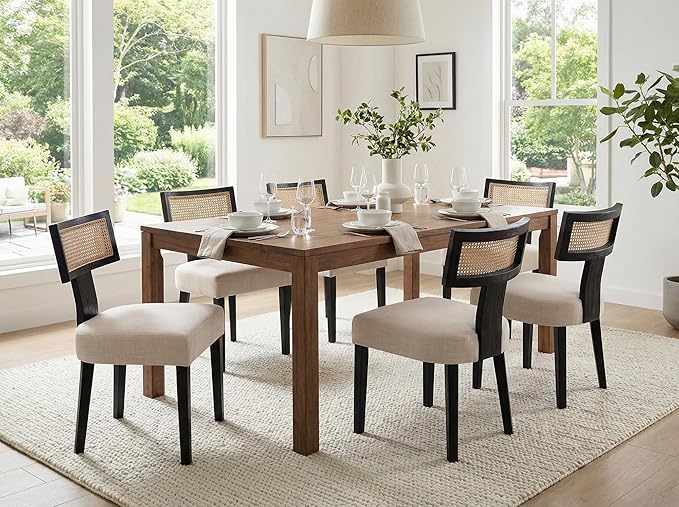 Rattan Dining Chairs Set of 4, Modern Dining Chair, Kitchen Dining Room Chair, Curved Cane Back Upholstered Linen Fabric Dining Chairs with Black Wood Frame, Beige