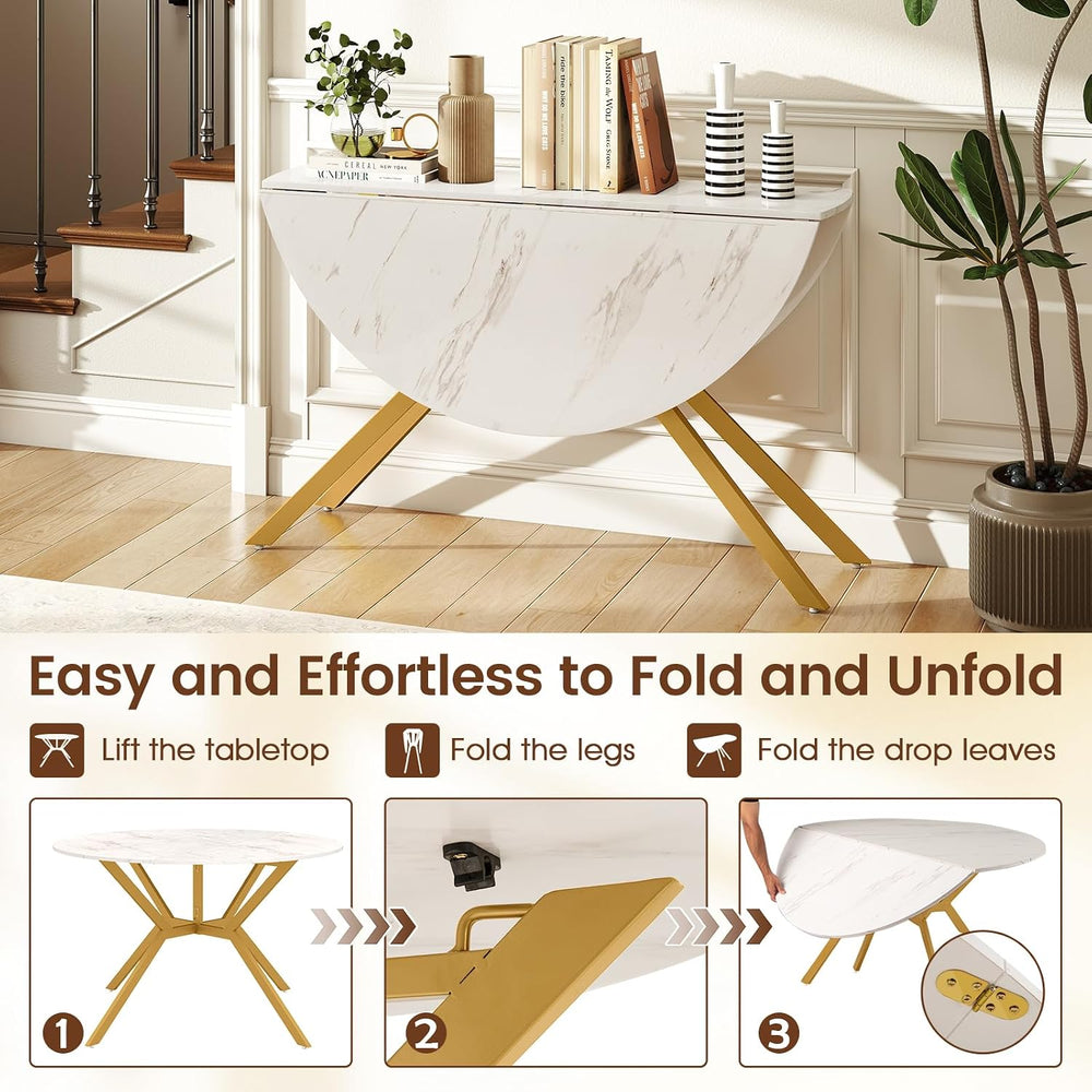 Giantex Folding Dining Table for 4-6 People, 47" Round Drop Leaf Table w...