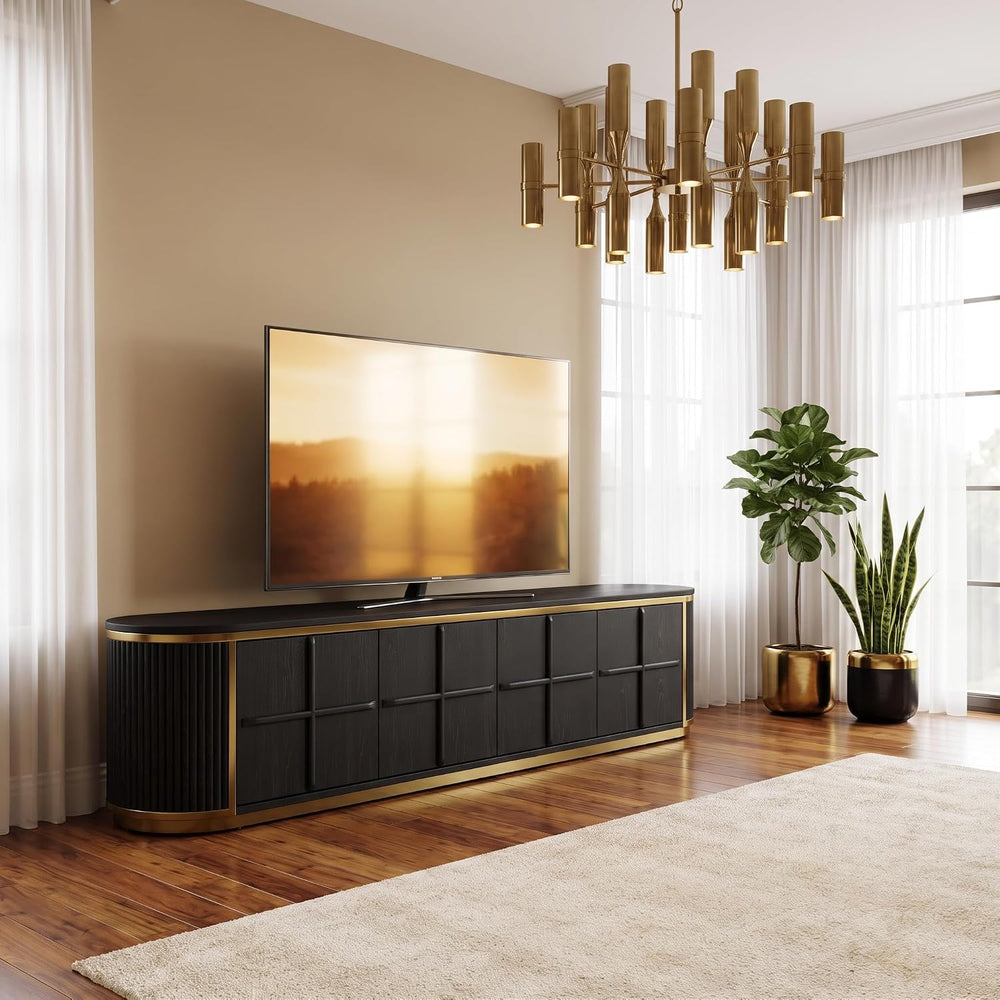 AUZ Fully Assembled TV Stand with Coffee Table Set of 4, Black Solid Wood | C...