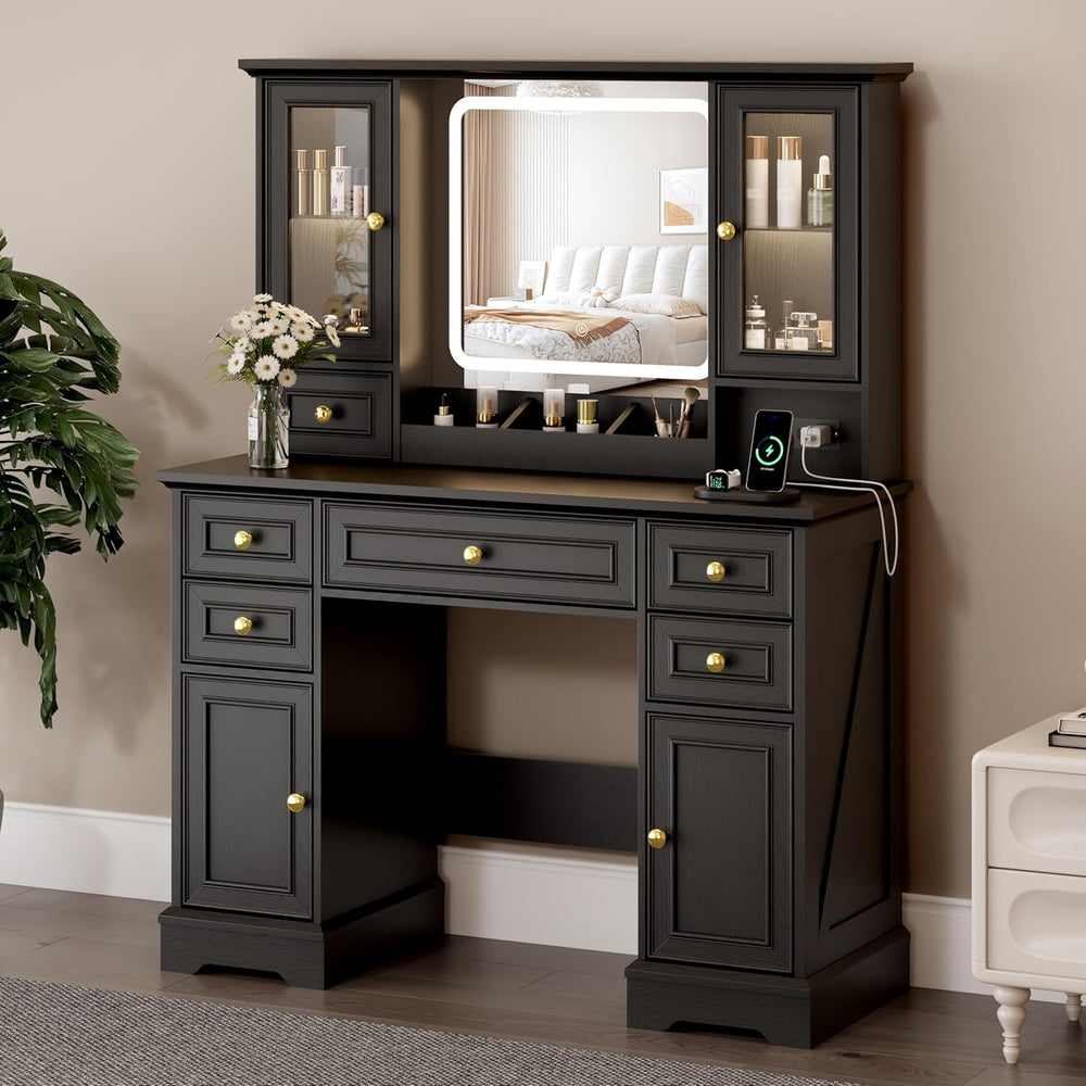Vanity Desk with Mirror & Lights, Makeup Vanity with Power Outlet & U...