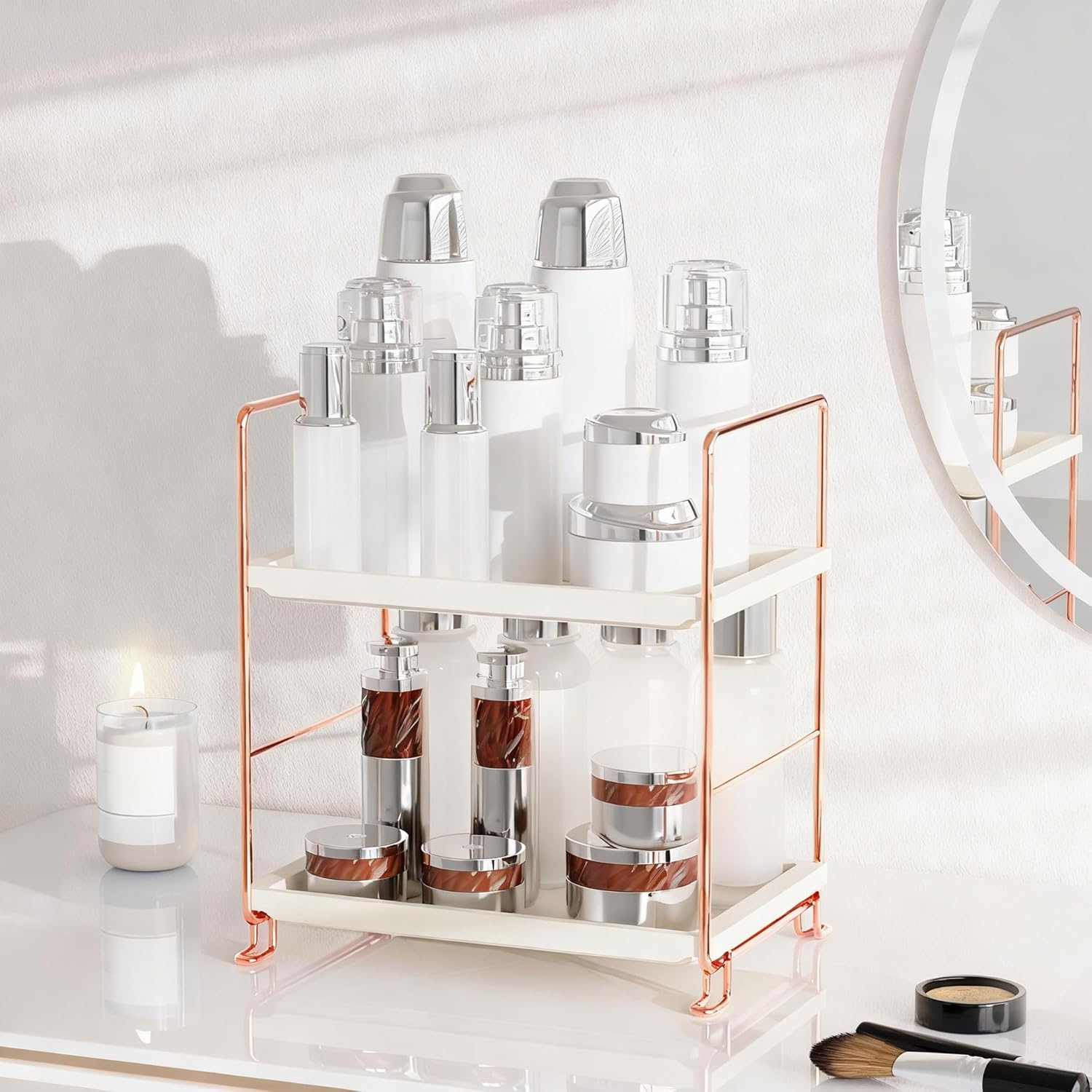 FSyueyun 2-Tier Bathroom Countertop Organizer, Tool-Less Installation Premium Plastics Makeup Shelf Organizer Perfume Skincare for Dresser Vanity Tray Organizers and Storage (Rose Gold)