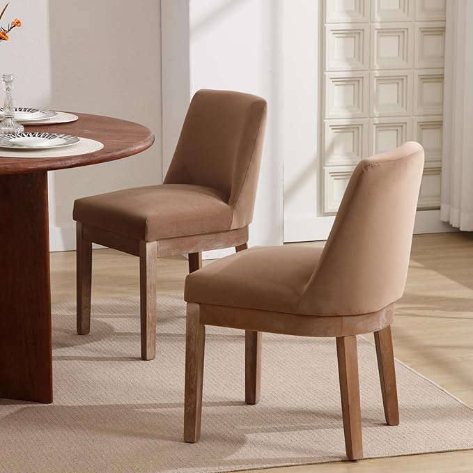 Modern Dining Chairs Set of 2, Comfortable Velvet Fabric Upholstered Kitchen Side Chairs with Back and Wood Legs for Living Room, Khaki