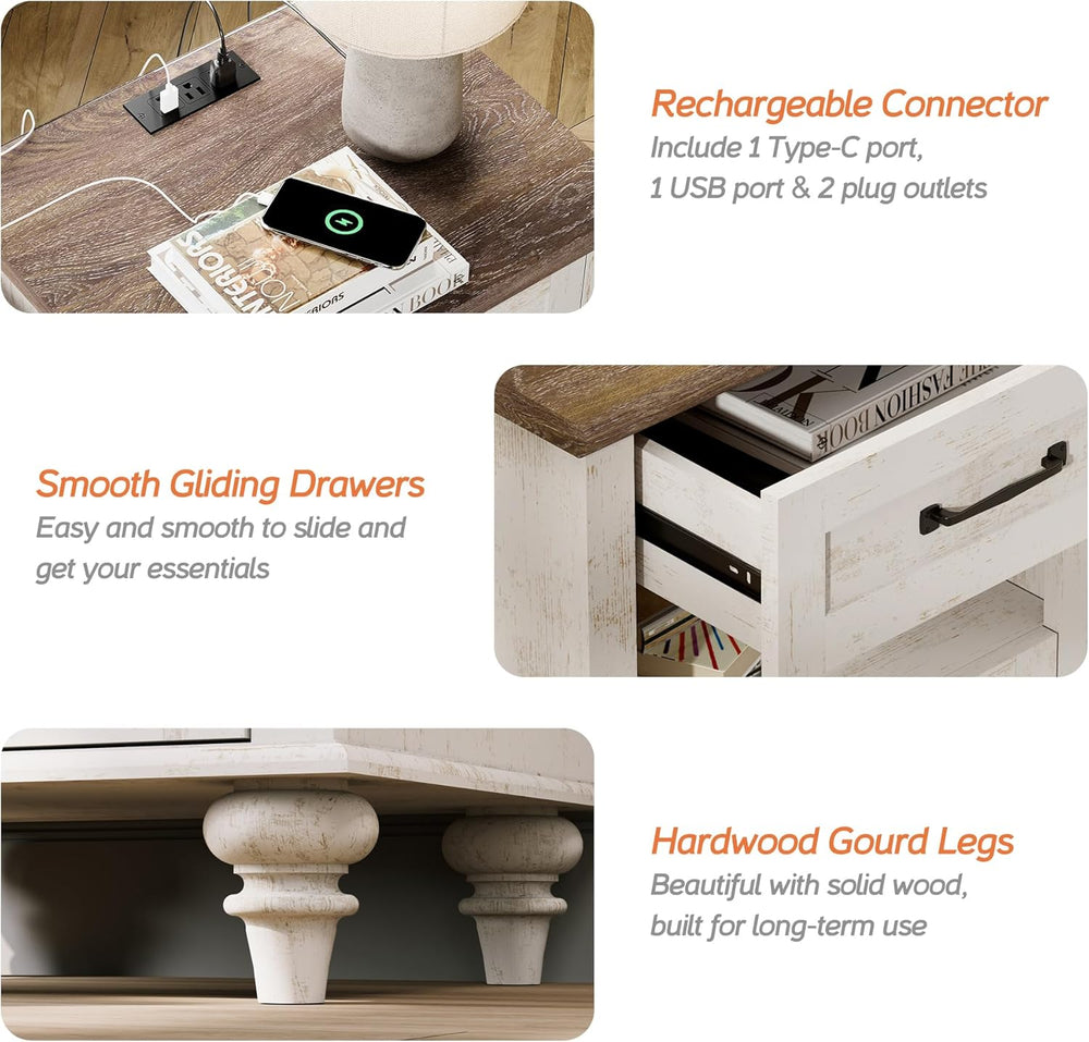 WAMPAT Set of 2 End Tables Nightstands with Charging Station, Sofa Side Table...
