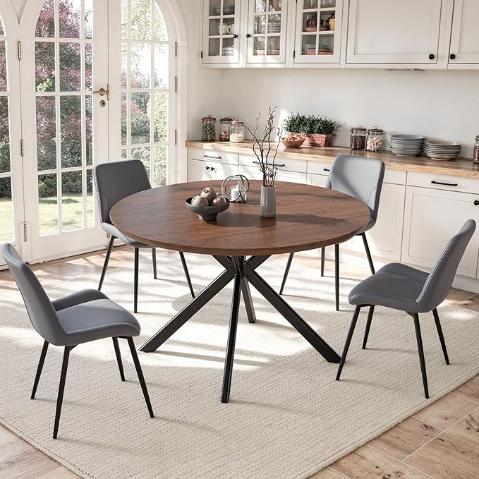 47.2" 5-Piece Round Dining Table Set for 4, Modern Wood Dining Table with 4 Upholstered Chairs, Kitchen & Dining Room Table Set with Metal Base for Apartment, Small Space, Walnut Table+4 Grey Chairs