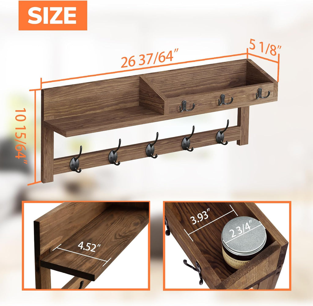 AMBIRD Wall Hooks with Shelf 26.57inch Entryway Wall Hanging Shelf Wood Coat Hooks for Wall with Shelf Coat Rack Wall Mount Rack with 5 Dual Hooks 3 Key Hooks Mail Organizer and Key Rack Key Holder