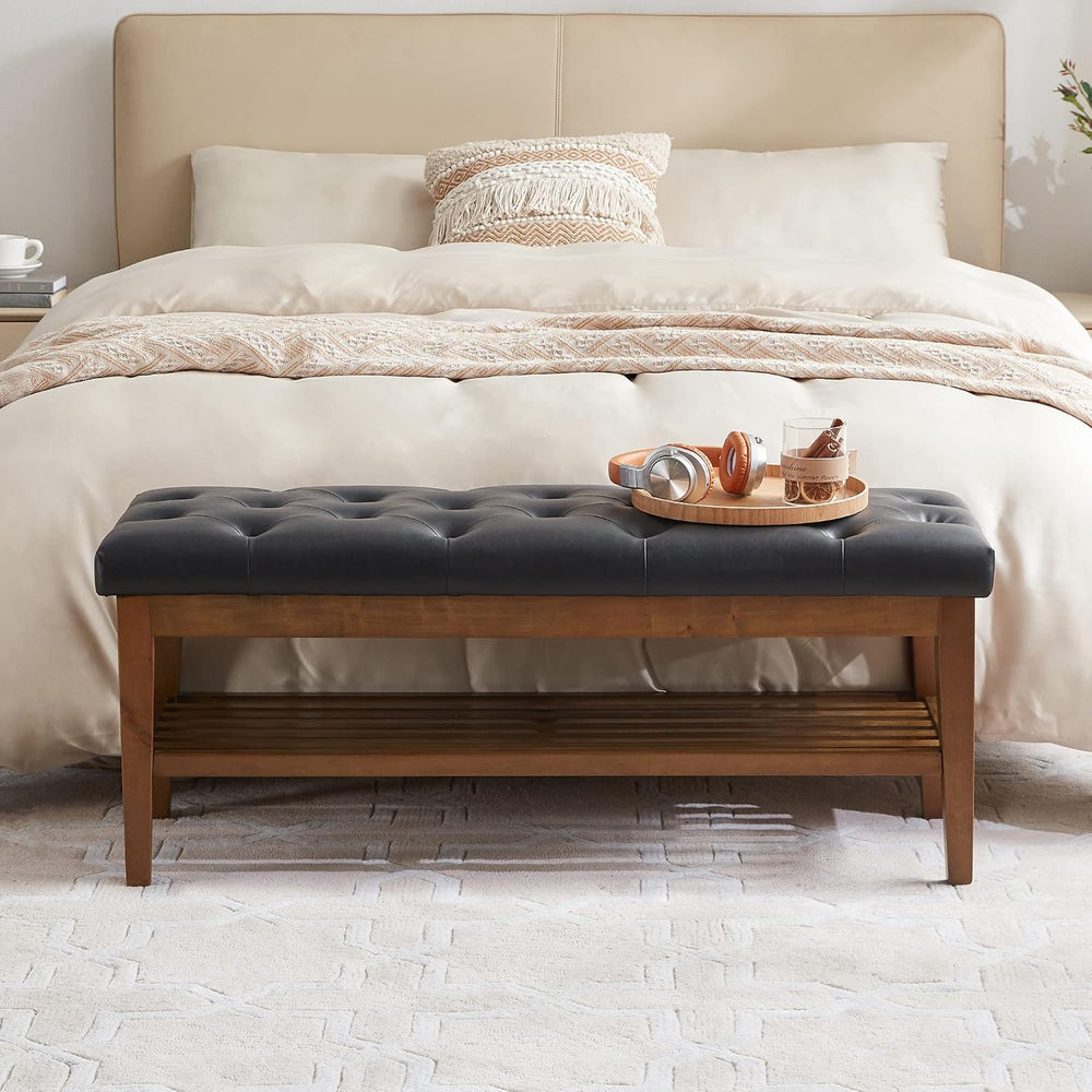 HUIMO PU Leather Entryway Shoe Bench, Button Tufted End of Bed Bench,Black | ...