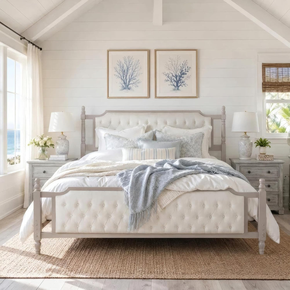 Peanu King Size Upholstered Platform Bed, Tufted Velvet Headboard, Solid Wood...
