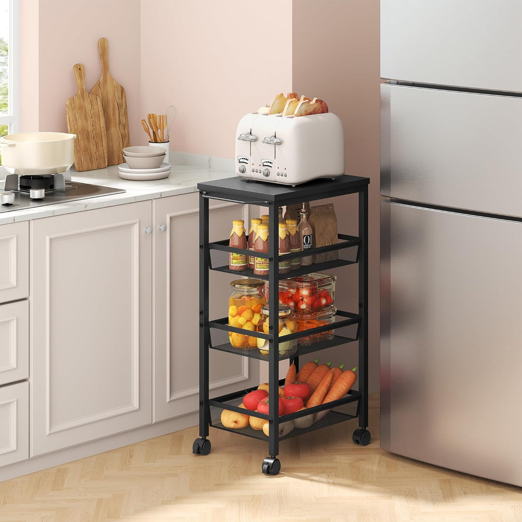 Hoctieon Rolling Storage Cart, 4-Tier Wide Panel Rolling Kitchen Storage Cart, Utility Cart with Handle & Wheels, Mobile Shelving Unit, Metal Frame Narrow Cart for Home Kitchen, Laundry, Black