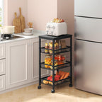 Hoctieon Rolling Storage Cart, 4-Tier Wide Panel Rolling Kitchen Storage Cart, Utility Cart with Handle & Wheels, Mobile Shelving Unit, Metal Frame Narrow Cart for Home Kitchen, Laundry, Black