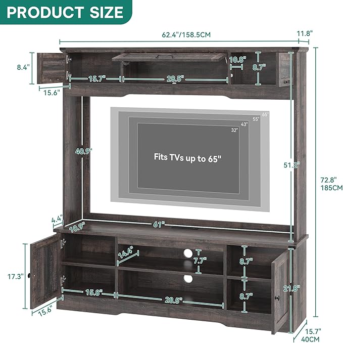 YITAHOME Wall Unit Entertainment Center for 65 Inch TV, 73" Tall TV Console with Power Outlet, Adjustable Shelf & Flip-Up Compartments, Large Media Stand for Living Room, Rustic Oak