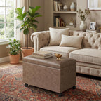 Joveco 24" Storage Ottoman Bench with Wheels, Rectangle Faux Leather Foot Stool for Living Room, Bedroom, Entryway, Earthy Light Brown Veining