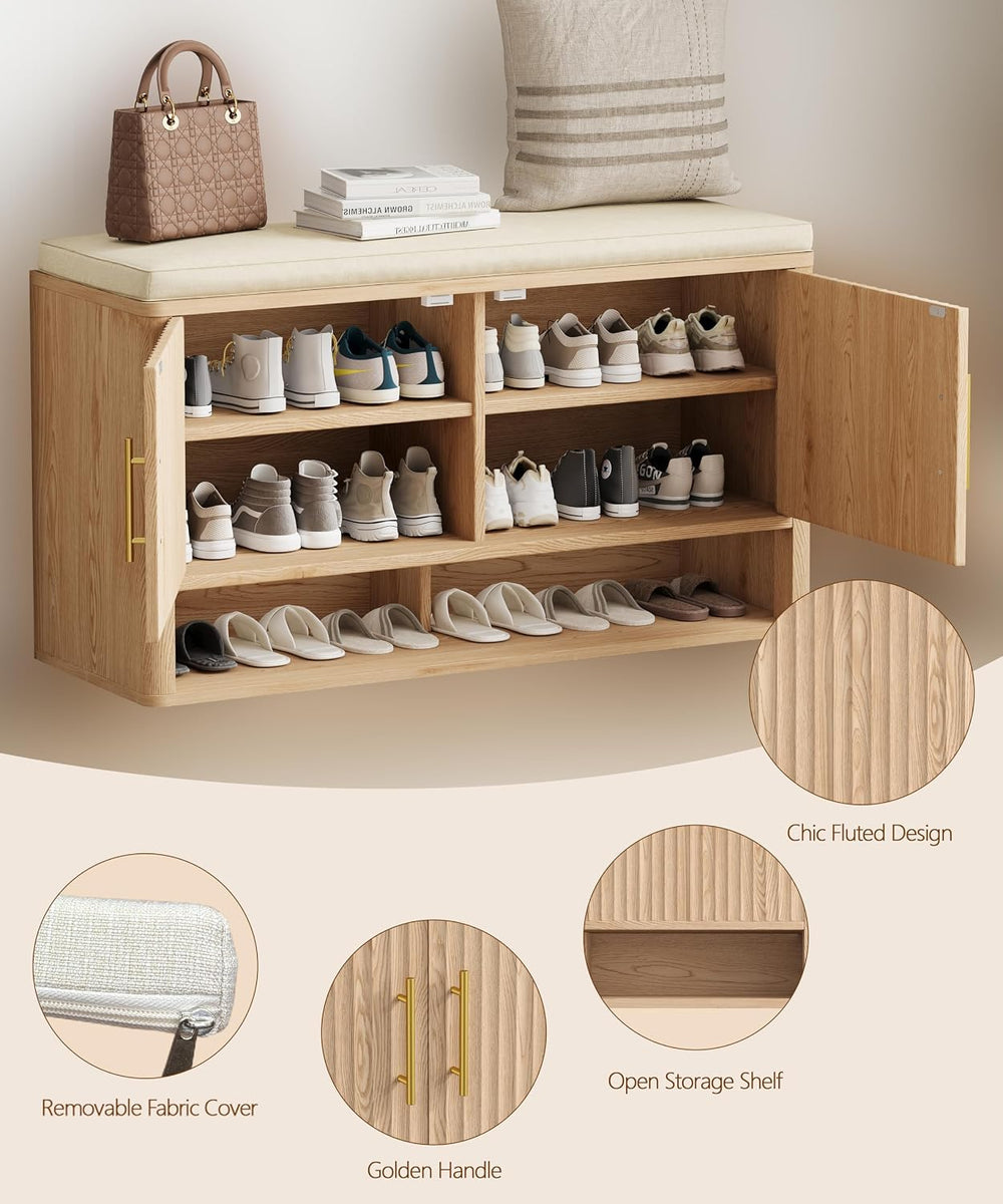 Fluted Shoe Storage Bench, Entryway Bench with Adjustable Shelves | Hidden Sh...