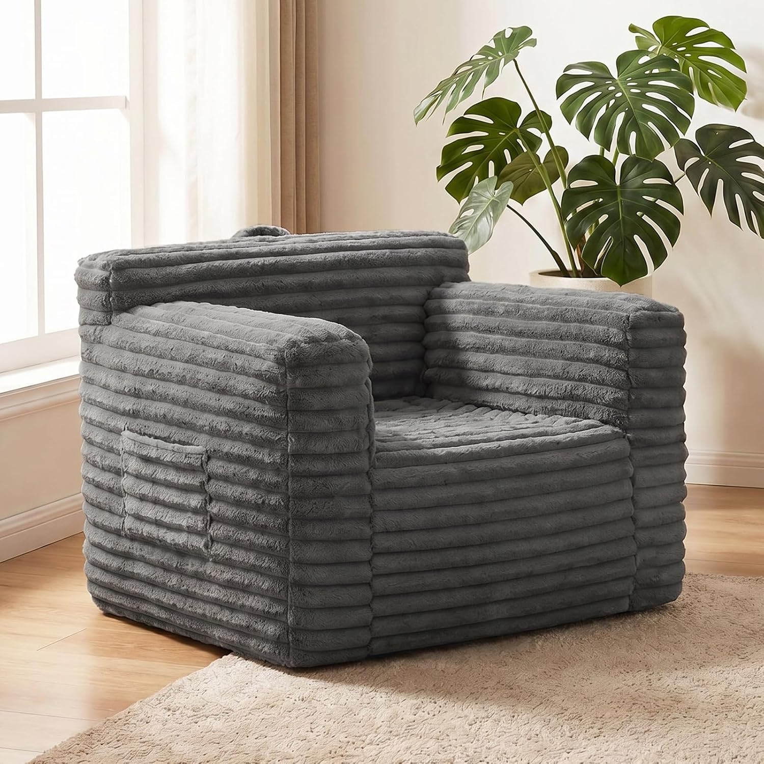 Tiita Adult Bean Bag Chair, Boneless Foam Chair with Armrests, Dark Grey | Soft Corduroy Cover, Removable Washable Outer Cover, Back Support, Reading Nook Comfort, Gaming, Bedroom and Living Room Use
