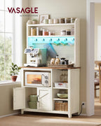 VASAGLE Baker's Rack with LED Lights and Power Outlet, Farmhouse Coffee Bar Cabinet with 6 Hooks, 35.4 x 14.2 x 68.9 Inches, Cloud White and Brown Liry Collection UKKS113W101S