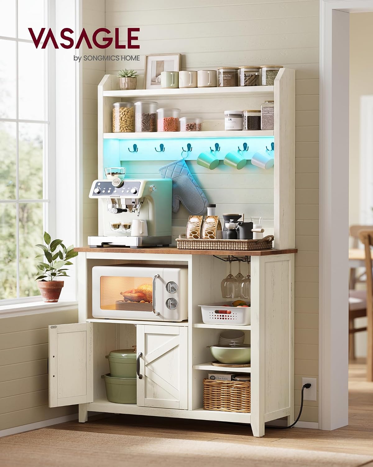 VASAGLE Baker's Rack with LED Lights and Power Outlet, Farmhouse Coffee Bar Cabinet with 6 Hooks, 35.4 x 14.2 x 68.9 Inches, Cloud White and Brown Liry Collection UKKS113W101S