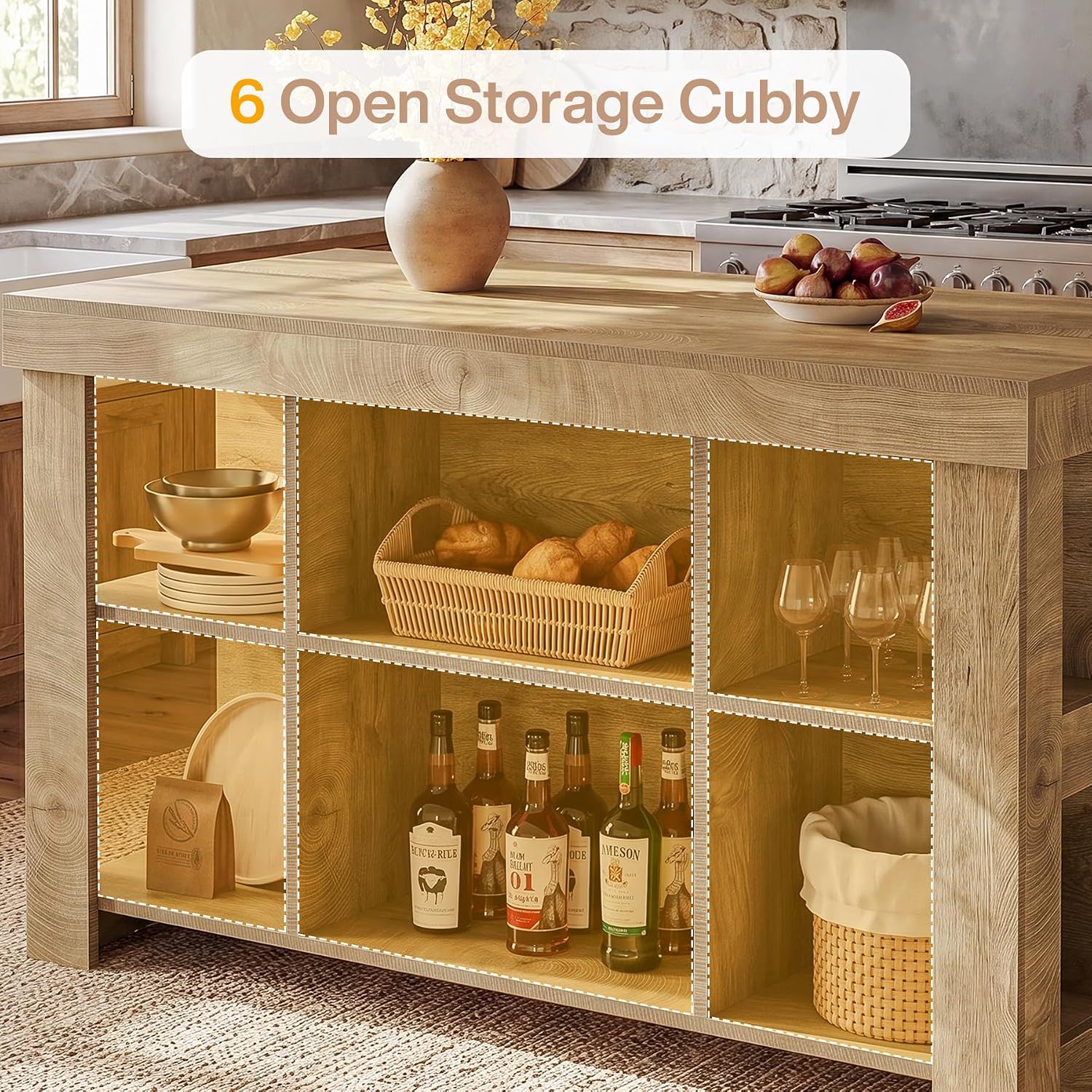 Tribesigns 55.1" Kitchen Island with 6 Storage Cubbies, Farmhouse 3-Tier Stationary Island Table, Large Dual-Sided Coffee Bar Table with Storage Shelves for Kitchen Dining Room