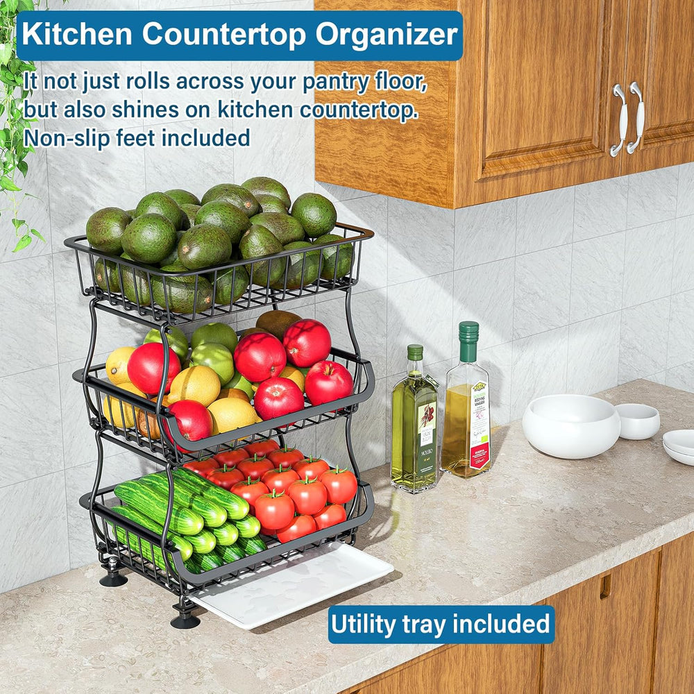 OKZEST 3-Tier Rolling Pantry Floor Organizer and Storage Cart with Wheels, St...