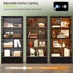 Display Cabinet with Glass Doors, 61" 4-Tier Glass Display Case with Drawer, 3 Color Lights, Auto-On Sensor, 4 Tempered Glass & 3-Tier Acrylic Shelves for Collectibles Showcase, Black