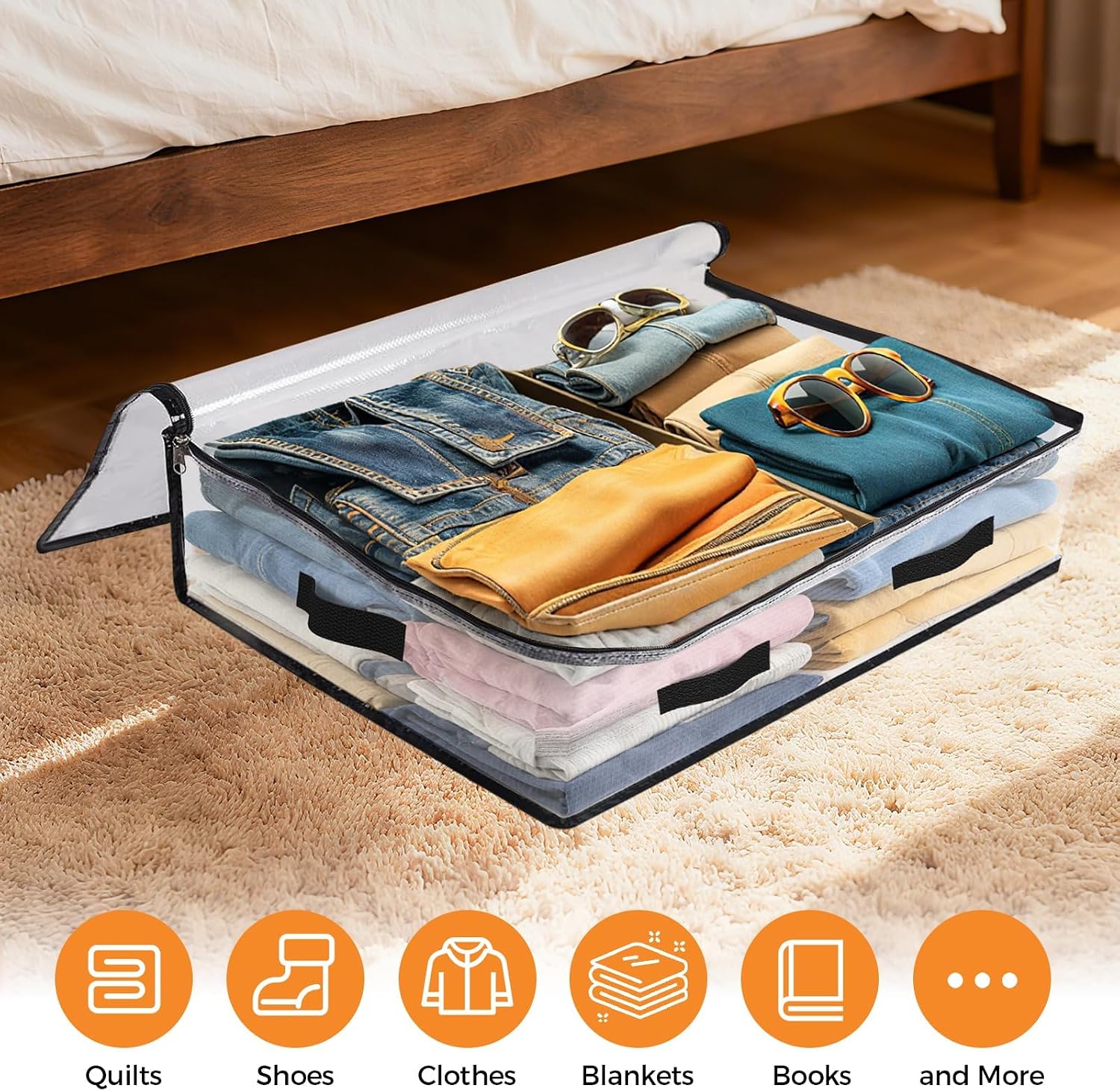6 Pack Under Bed Storage Bags, 60L Foldable Clear Containers with Handles | Dual Zipper Storage Bins for Comforters, Bedding, Blankets, Closet Organizer for Clothes, Linen Sheets, Sweaters