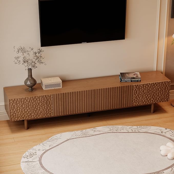 86.61" Mid-Century Modern TV Stand, Walnut Entertainment Center for TVs Up to 85", Media Console with 4 Doors & Large Storage, Sturdy Wooden Legs & Cable Management for Living Room