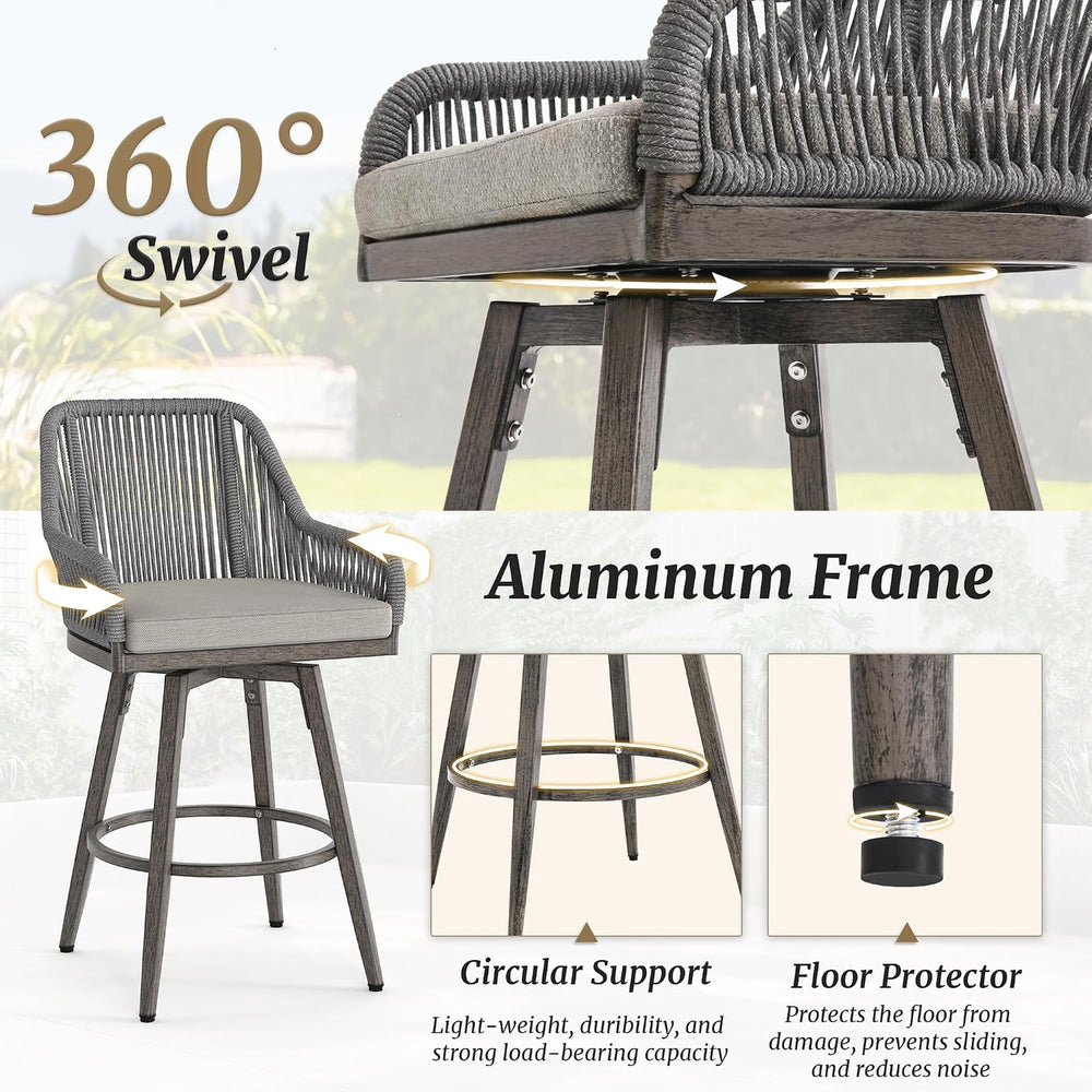 Cozyman Outdoor Bar Stools Set of 6, 360° Swivel Aluminum Rattan Bar Stool wi...