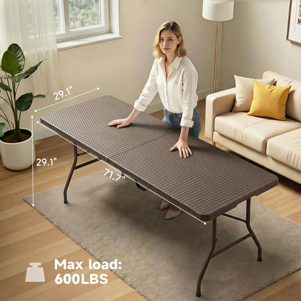 Folding Table 6 Foot, Heavy Duty 600 LBS Capacity, HDPE Wicker Pattern, Sturd...