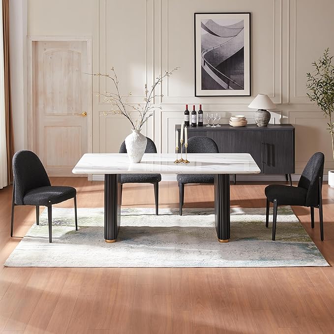 Morden Fort Boucle Dining Chairs Set of 4, Thick Upholstered Chairs with Metal Legs & Curved Backrest, Post Modern Minimalist Chair for Dining Room, Kitchen, Living Room, Bedroom, Apartments, Black