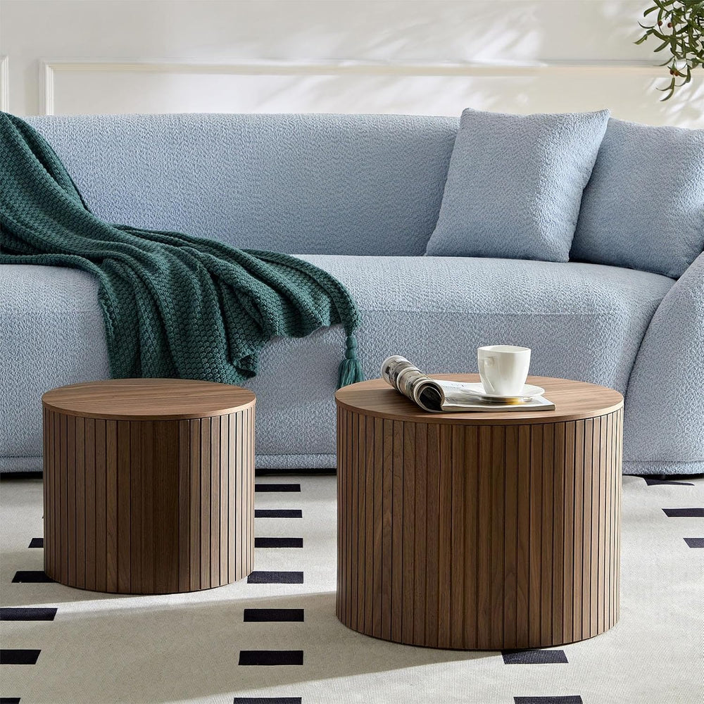 Round Nesting Coffee Table Set of 2, 19.17”Wood Side Tables with Storage | Mo...